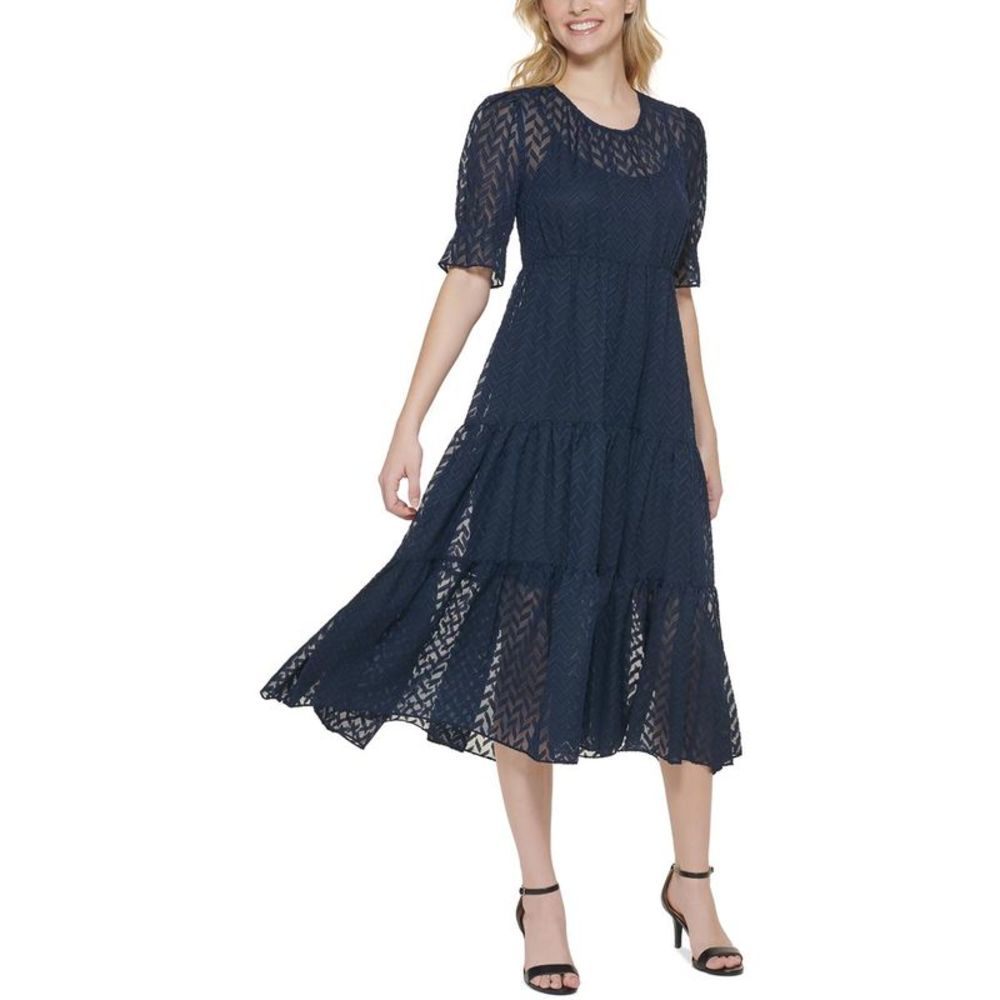 Tommy Hilfiger Womens Blue Tiered Elbow Sleeves Wedding Midi Dress NWT